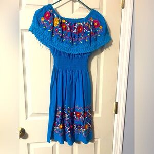 Vibrant Royal Blue Embroidered off shoulder dress Medium